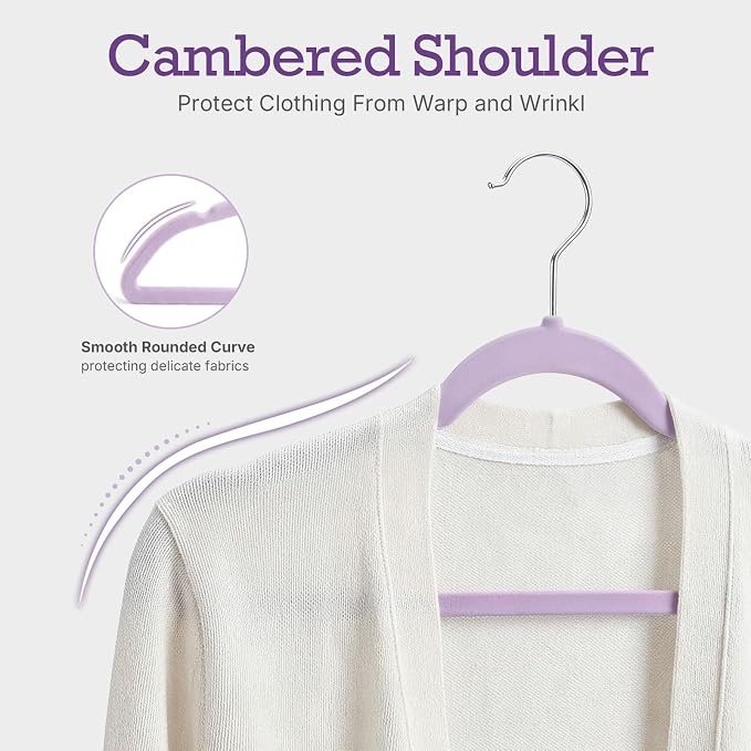 HOUSE DAY Lt-Purple Velvet Hangers 60 Pack, Non Slip Clothes Felt Hanger Heavy Duty for Coat, Premium Slim Space Saving Suit Hangers for Closet Organizer, 360° Rotating Silver Hook - Image 4