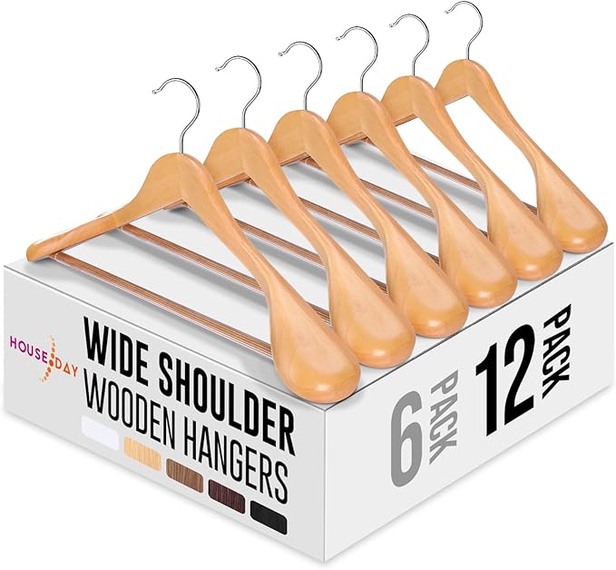 HOUSE DAY Wide Shoulder Wooden Hangers 12 Pack, Wood Suit Hangers for Men with Non Slip Pants Bar, Smooth Finish Solid Wood Coat Hanger for Jacket, Pants, Dress, Heavy Clothes Hangers (Natural) by HOUSEDAY