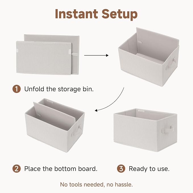 StorageWorks Foldable Shelf Organizer Bins, Closet Storage Baskets for Clothes, Fabric Storage Bins for Shelves, Beige Stripes, 3-Pack, Large - Image 9