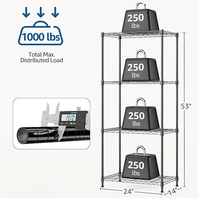 M MZG 1000 lbs 4Tier Shelf Metal Storage Shelves Wire Rack Closet Organizers with Wheel for Garage Kitchen Bathroom Laundry Black 13.7" D x 23.6" W x 53.4" H - Image 3