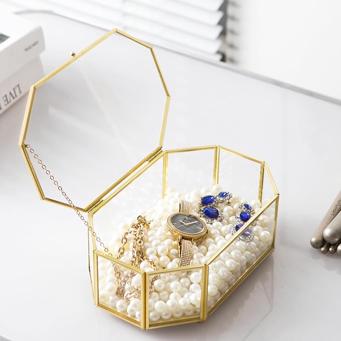 Glass Keepsake Organizer - Vintage Octagon Lidded Gold Home Decor Accent Box for Storage Rings, Bracelets - Image 3