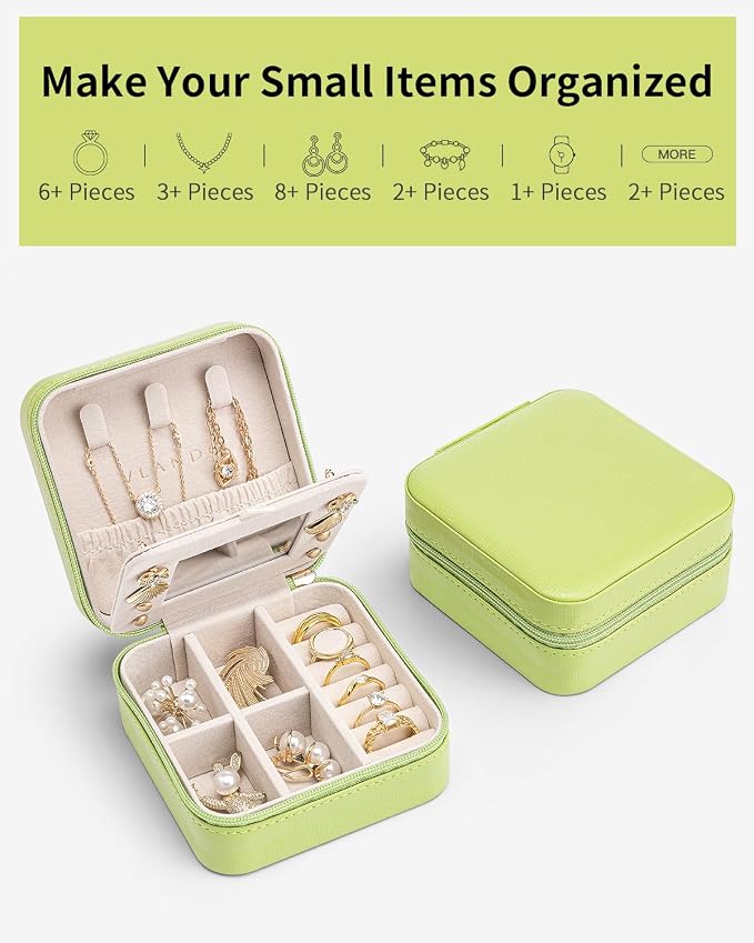 VLANDO Small Travel Jewelry Box Organizer - Girls Women Gift Rings Earrings Necklaces Jewelry Storage Display Case with Mirror Green - Image 8