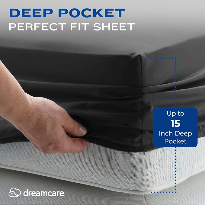 DREAMCARE Twin XL Sheet Sets - 4 pcs Breathable Cooling Bed Sheets - up to 15" Deep Pocket Twin XL Sheets Set with Side Pockets - Extra Soft 100% Brushed Hypoallergenic Hotel Luxury Bedding - Gray