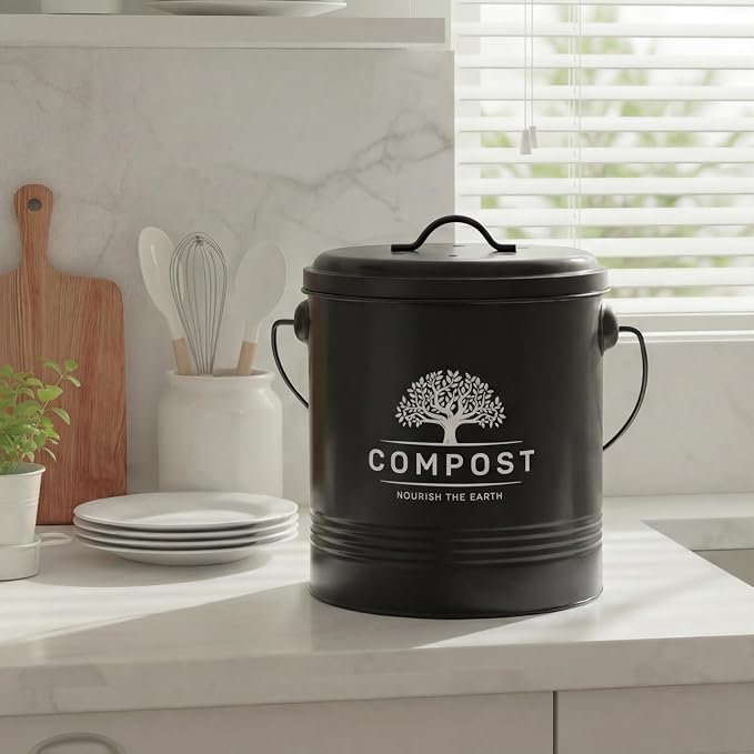 Perfnique Kitchen Compost Bin, 1.3 Gallon Countertop Compost Bin with Lid, Indoor Compost Bucket Includes Inner Bucket Liner and Carbon Filter, Small Compost Bin with Trash Bags (with Bags, Black) - Image 8