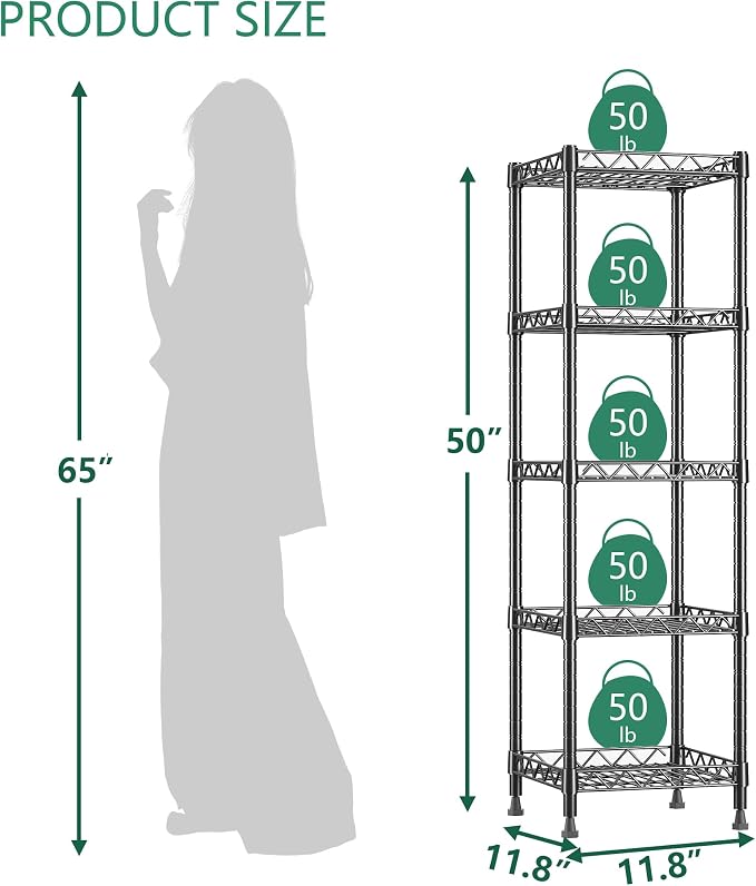 GIOTORENT 5 Tier Standing Shelving Metal Units, Adjustable Height Wire Shelf Display Rack for Laundry Bathroom Kitchen 11.8 W x 11.8 D x 50 H (5-Tier, Black) - Image 2