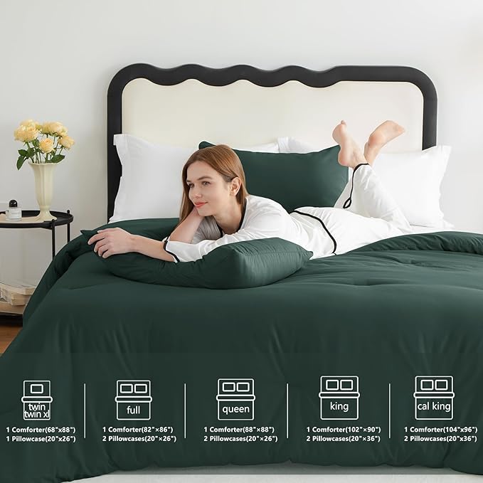CozyLux Queen Comforter Set Forest Green, 3 Pieces Solid Comforters Queen Size Breathable Bedding Sets, Luxury Soft Lightweight Bed Set with Down Alternative Comforter and 2 Pillowcases All Seasons