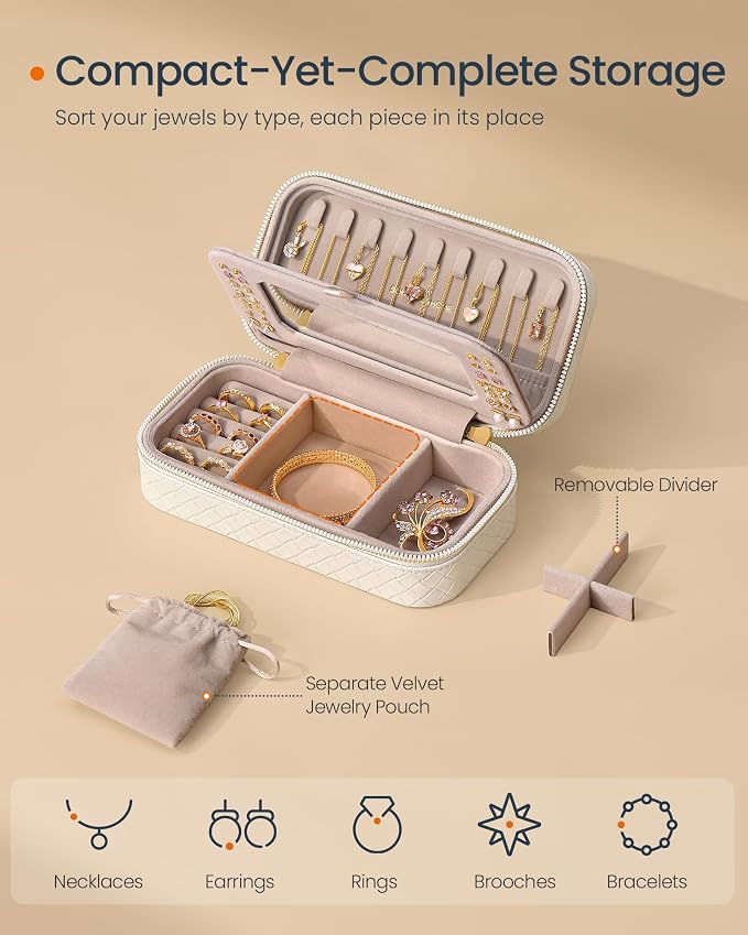 SONGMICS HOME Travel Jewelry Case, Jewelry Organizer Box with Mirror, Jewelry Pouch, Woven Embossed PU Leather, Portable Jewelry Storage, Gift Idea, Cloud White UJBC197W01 - Image 4