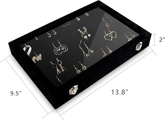 Frebeauty Earring Organizer Tray with Clear Lid 64 Slots Velvet Drawer Insert Earring Storage box with Transparent Glass lid Jewelry Display Case with lock Gifts for Women (Black, Earrings) - Image 2