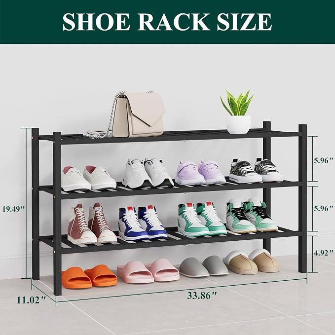 Smiry Shoe Rack, 3 Tier Thick Long Bamboo Shoe Organizer, Stackable Free Standing Wooden Shoe Storage Shelf for Closet, Entryway, Front Door Entrance, Black - Image 2