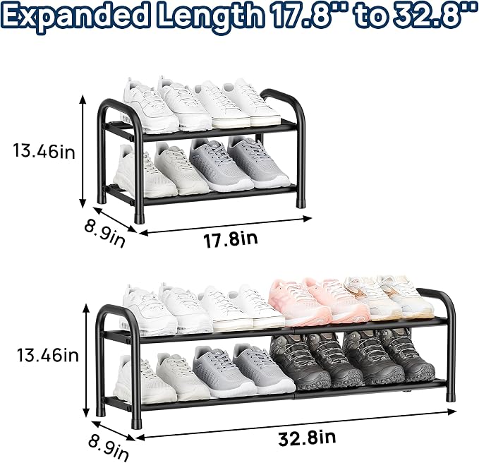 ENJOYBASICS 2 Tier Expandable Shoe Rack for Closet, Free Standing Metal Shoe Shelf Storage Organizer Holder 8 Pairs, Adjustable Width Shoe Rack for Entryway Small Space, Black - Image 2
