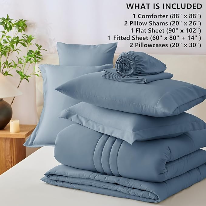 CozyLux Queen Comforter Set - 7 Pieces Bed in a Bag Grayish Blue Comforter Set with Sheets Luxury Bed Set All Seasons, Soft Bedding Set with Down Alternative Comforter, Sheets, Pillowcases & Shams