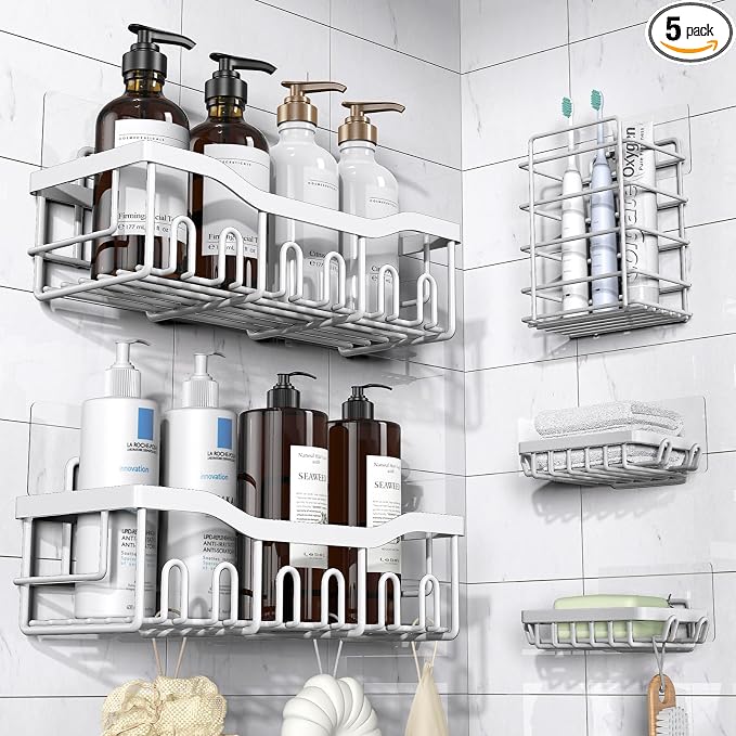 EUDELE 5-Pack Rustproof Stainless Steel Shower Caddy Set– No Drill Adhesive Bathroom Organizer, Space-Saving Shower Shelves for Apartment Essentials, Bathroom/Kitchen Storage Home Decor-L Size by EUDELE