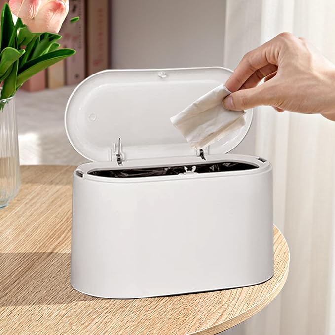 LTWQLing Mini Trash Can with Lid - Removable Small Garbage Can, Tiny Plastic Trash Bin, Pop Up Countertop Wastebasket, Counter Garbage Lint Bin for Bathroom,Office,Kitchen,Desk,Coffee Table(White) by LTWQLing