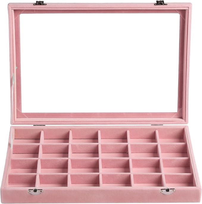 Frebeauty Velvet Jewelry Tray,24 Grid Jewelry Organizer with Clear Lid,Earring Holder Organizer with Clasp,Drawer Insert Rings Pendants Brooches,13.8 x 9.5 x 2 Inches,Gift for Women(Pink) - Image 2