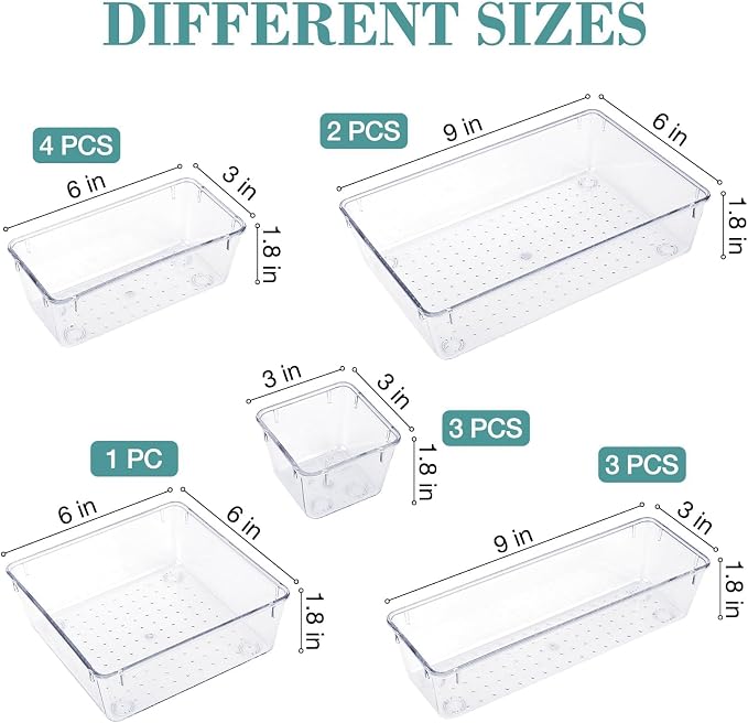 StorMiracle 13 PCS Drawer Organizer Set, 5 Varied Size Bathroom and kitchen Drawer cabinet organizer Trays, Clear Storage Bins for Makeup, Jewelry, Utensils and Gadgets - Image 2