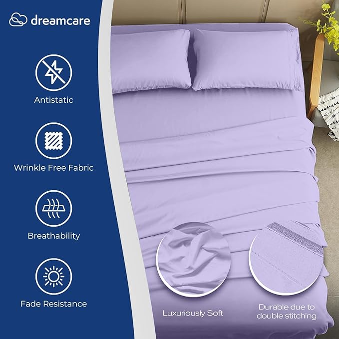 DREAMCARE Twin XL Sheet Sets - 4 pcs Breathable Cooling Bed Sheets - up to 15" Deep Pocket Twin XL Sheets Set with Side Pockets - Extra Soft 100% Brushed Hypoallergenic Hotel Luxury Bedding - Lavender