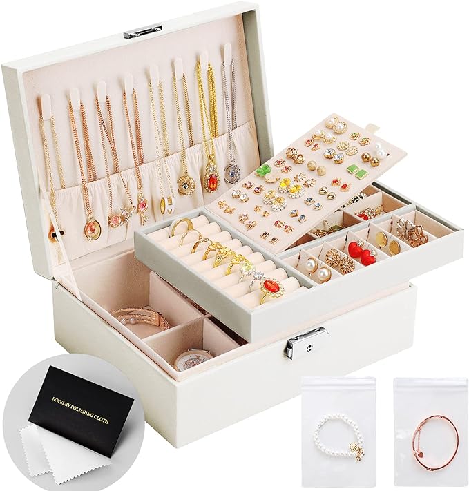 Jewelry Box Organizer for Women Girls 2 Layer Leather Travel Jewelry Storage Case with Lock and Removable Tray for Necklace Earrings Rings Bracelets Gift, Come with Polishing Cloth and Jewelry Bags by SANIKEON
