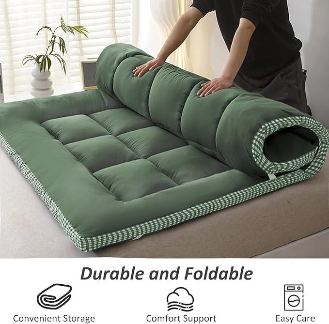 Thick Mattress Topper Full Size - Non-Slip Mattress Pad Cover for Back Pain Breathable Folding Sleeping Pad Machine Washable Mattress Protector (54x75 inch,Green)