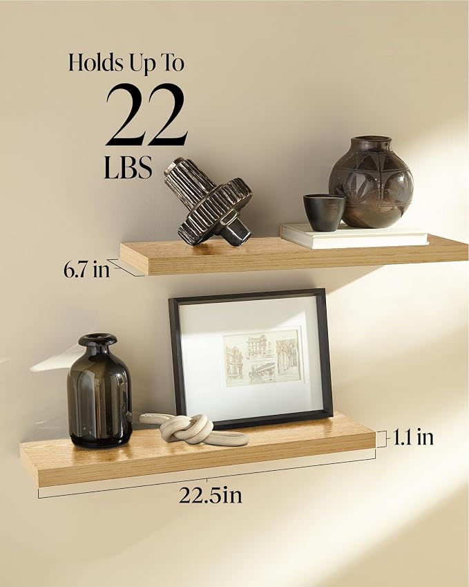 BAYKA Floating Shelves for Wall, 22.5 inches Wall Mounted Rustic Wood Shelves for Bathroom, Bedroom, Living Room, Floating Shelves for Books/Storage/Decor (Light Oak-Toned,Set of 3) - Image 3
