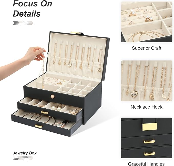 Jewelry Holder Organizer, Leather Jewelry Set Box with 2 Drawers, Jewelry Storage Box for Women Girls(Black) - Image 2