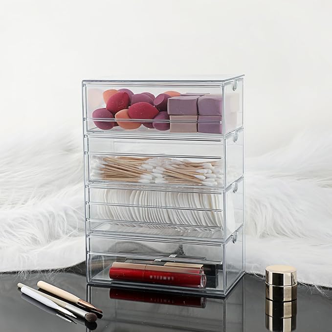 Hipiwe Plastic Drawer Organizer Clear Hair Accessories Organizer Box with 4 Pull Out Drawer Compact Storage Box for Cabinet Vanity Bathroom Pantry Office or Closet Organization - Image 4