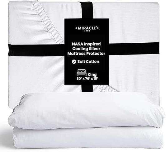 Miracle Made Mattress Protector – Silver-Treated Cotton Fabric – Water-Resistant, Breathable, Fresher-Feeling Cover – Compatible with 3-Temperature Zone Comforter, King, White