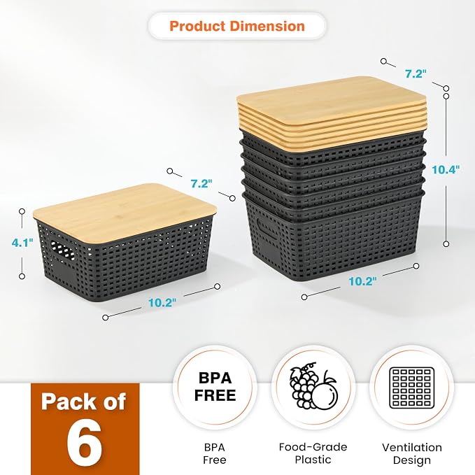Ohmlove Plastic Storage Baskets With Bamboo Lid - Plastic Storage Containers Stackable Storage bins: Storage Baskets for Organizing Shelves Drawers Desktop Closet Playroom Classroom Office, 6 Pack - Image 2