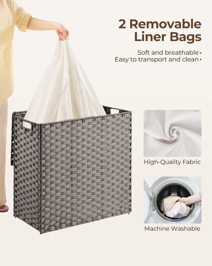 Greenstell Laundry Hamper with lid, No Install Needed, 130L Wicker Laundry Baskets Foldable 2 Removable Liner Bags, 2 Section Clothes Hamper Handwoven Rattan Laundry Basket with Handles, Gray - Image 4