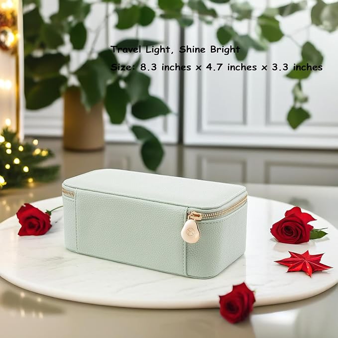 VLANDO Travel Jewelry Box Organizer – Portable PU Leather Jewelry Case with 6/8/12 Zippered Pouches, Compact Storage for Earrings Rings Necklaces Bracelets, Menthol Mambo - Image 2