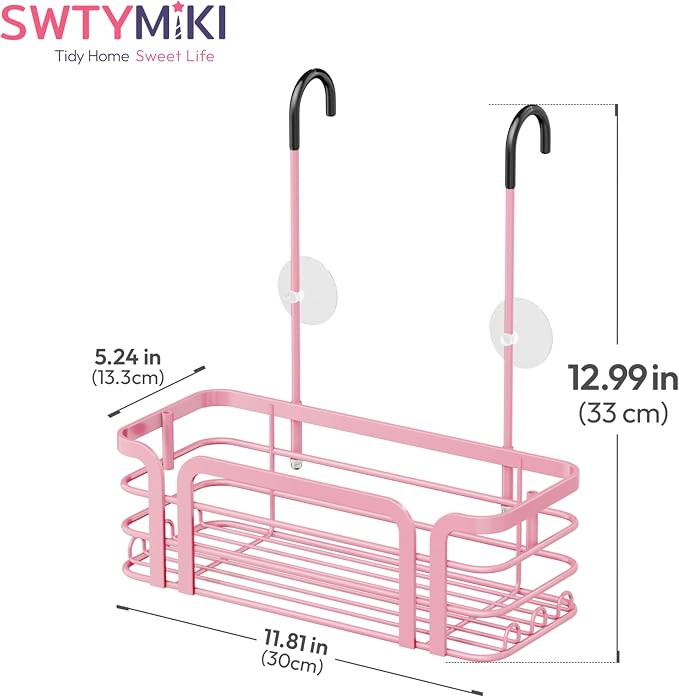 SWTYMIKI Shower Caddy Hanging Organizer - Over the Door Shower Caddy with 6 Hooks, 2 Installation Ways, Stainless Steel Rustproof Bathroom Organizer, Pink Small - Image 8