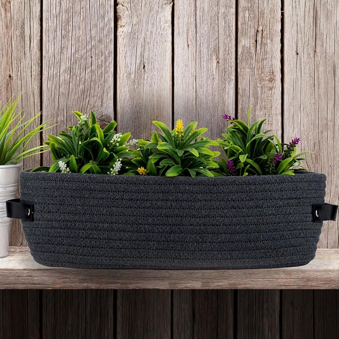 Cotton Rope Toilet Paper Holder Basket with Handle, Home Decor Organizing Small Baskets, Nursery Basket 13"x5.9"x4" Dark Gray - Image 6