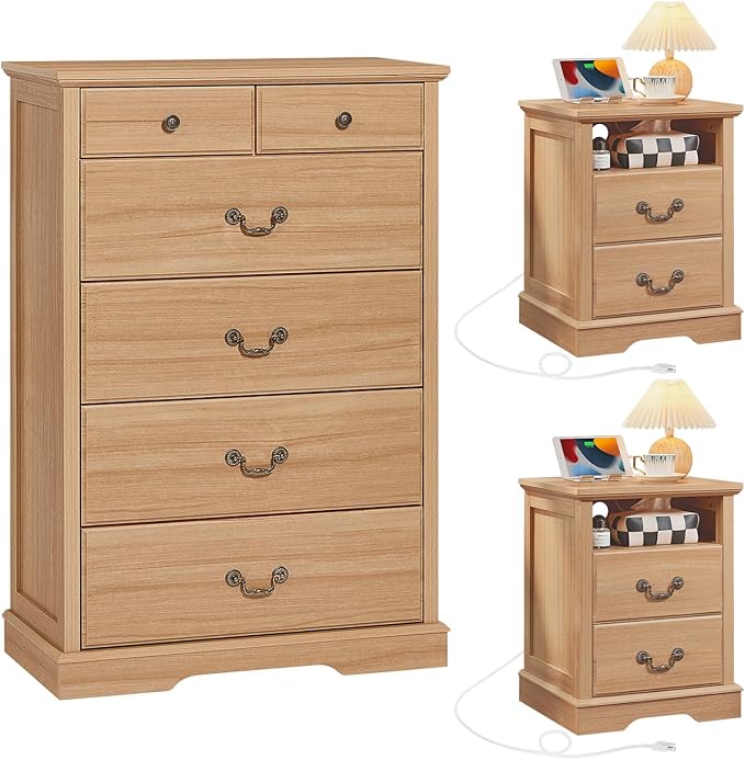 Farmhouse 6 Dressers & 2PCS Night Stand Set,47" Tall 6 Drawer Dresser 18" Wide 2 Drawers End Table with Charging Station,Furniture Dresser Sets for Home Natural