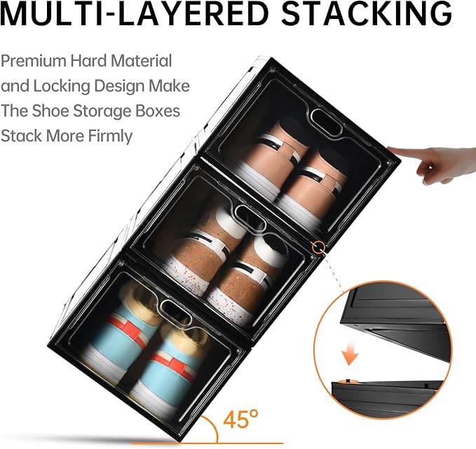 INSTY 12 Pack Large Shoe Storage Box, Clear Shoe Storage Organizer with Magnetic Door, Stackable,Shoe Containers For Display Sneakers, Easy Assembly, Fit up to US Size 12, Black - Image 3