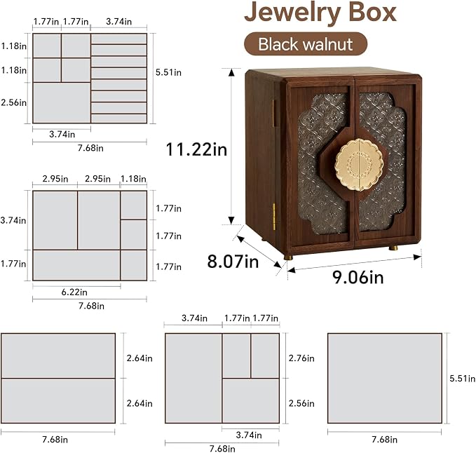 Black Walnut Wood Wooden Jewelry Box for Women, Large Velvet Lined Jewelry Organizer with 5 Drawers & Brass Feet, Earring Jewelry Box Organizer, Traditional Chinese Pattern Handles - Image 3