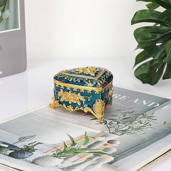 Hipiwe Vintage Metal Jewelry Box - Heart Shape Trinket Box Ring Case with Rose Pattern Jewelry Storage Box for Ring Earrings Necklace, Keepsake Box for Women, Blue - Image 5
