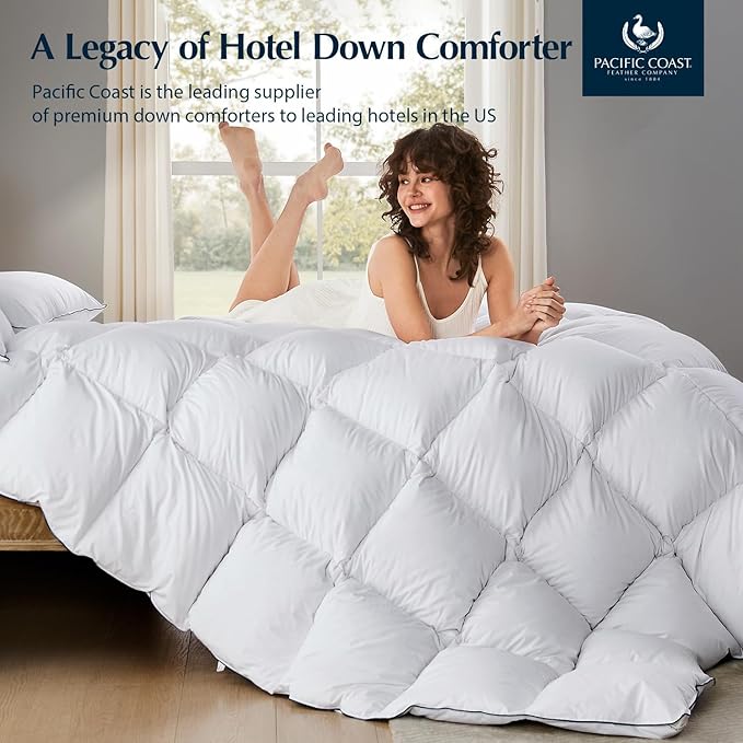 Pacific Coast Luxury White Goose Feather Down Fiber Comforter Twin Size, All Season Hotel Collection Duvet Insert, Ultra Soft, Breathable Bedding Comforter with 8 Corner Tabs, 68x90 Inch White