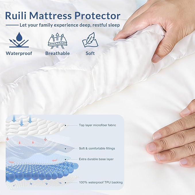 Twin XL Mattress Protector Waterproof Washable Mattress Padded Cover Fitted Extra Long College Dorm Size Bed Protection Noiseless Plastic Bed Pad Deep Pocket Up to 18“ Soft and Breathable（White）