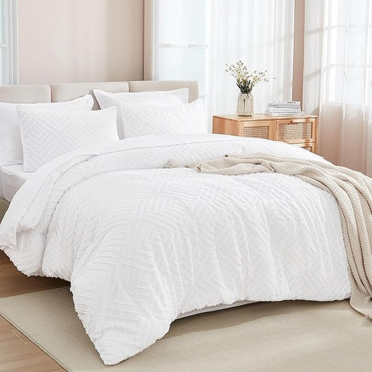 Andency White Comforter Queen Size Set with Sheets - 7 Pieces Boho Bed in a Bag Tufted Bedding Sets Lightweight All Season Bed Set with Comforter, Sheets, Pillowcases & Shams