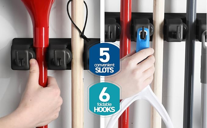 Mop and Broom Holder Wall Mount - Garage Storage Organizer with 5 Slots, 6 Hooks, 7.5lbs Capacity Per Slot - Home, Kitchen, Closet, Garden Tools, Laundry Room Organization – Black Broom Hanger - Image 8