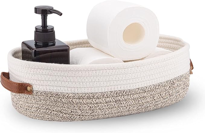 Woven Storage Basket for Toilet Tank Top,Farmhouse Home Decor Organizing Basket for Bathroom,Table and Counter 13"x5.9"x4" Apricot Stitching White by Oradrem