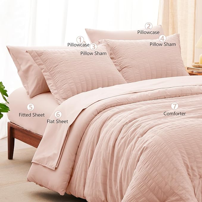 CozyLux Full Size Comforter Sets with Sheets 7 Pieces, Blush Pink Seersucker Bed in a Bag Textured Luxury Soft Bedding Sets with Down Alternative Comforter, Sheets, Pillowcases & Shams for All Seasons