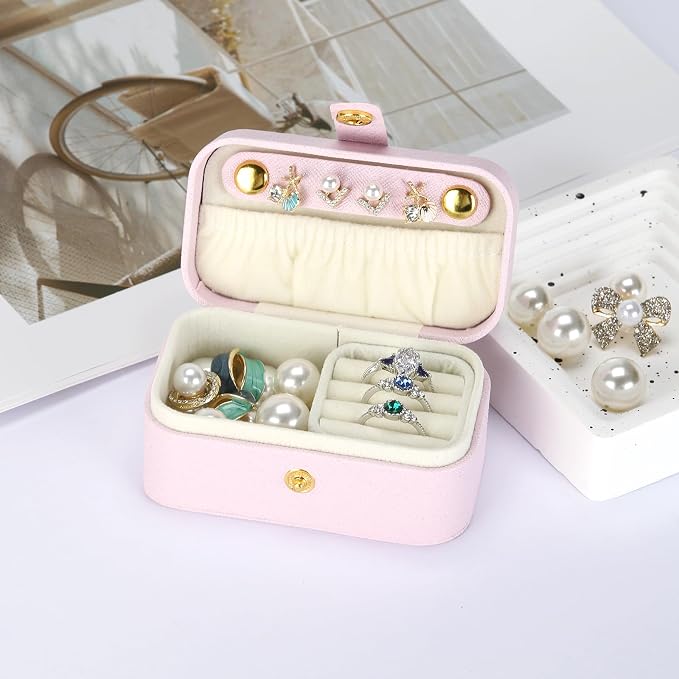 KUKUVR Small Travel Jewelry Box, Mini Jewelry Holder for Multiple Rings Necklace Earrings Lipstick, Portable Jewelry Storage Organizer Case with Removable Ring Slot (PINK) - Image 3