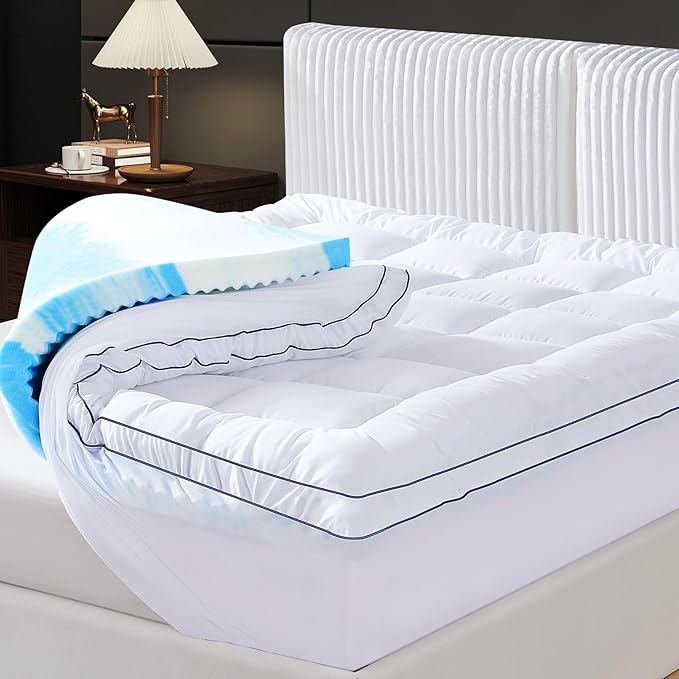 Twin XL Dual Layer 4 Inch Memory Foam Mattress Topper, Relax Body, Relieve Pain and Aid Sleep - 2 Inch Fluffy Pillow Top Twin XL Mattress Topper and 2 Inch Cooling Gel Memory Foam, 2X Support