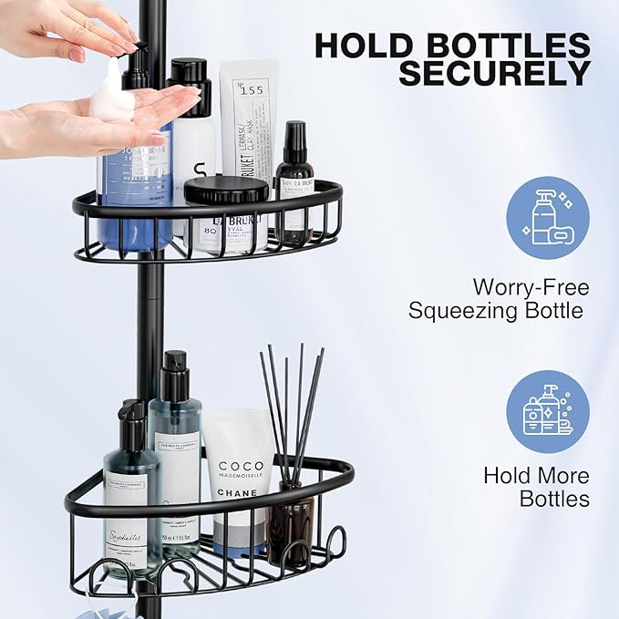 Corner Shower Caddy Tension Pole: Stainless Steel Rustproof 4-Tier Shower Organizer - 47-121 inch Adjustable Bathroom Shelves for Bathtub Shampoo Storage - Tension Rod Floor Standing Bath Rack - Black - Image 4