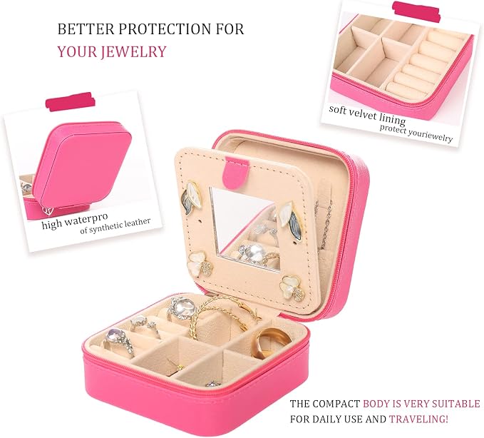 KElofoN Travel jewelry case Travel jewelry box Travel Jewelry Organizer Small Jewelry Organizer Box Gift for Girls Women with Mirror(Rosy) - Image 4