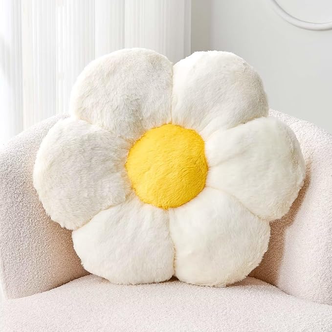 Kcvvcr White Flower Pillow, 17.7" Flower Shaped Plush Decorative Throw Pillow for Bed