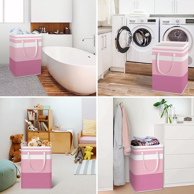 HomeHacks 2 Pack Large Laundry Baskets, Waterproof, Freestanding Laundry Hampers, Collapsible Clothes Hamper with Reinforced Handles in Laundry, College Dorm, Bathroom, Bedroom (Pink, 75Lx2) - Image 6