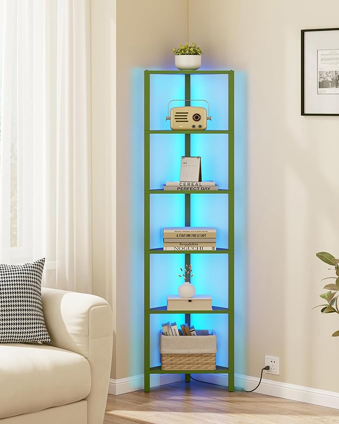 TUTOTAK Corner Shelf with LED Light, 6-Tier Corner Bookshelf for Small Space, Narrow Display Corner Shelf Stand with Storage Rack, for Living Room, Bedroom, Olive Green BS05BOG006L - Image 4