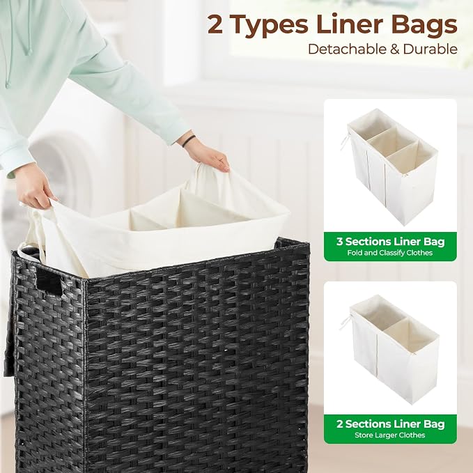 Greenstell Laundry Hamper with Lid, 125L Wicker Laundry Baskets with 2 Removable Liner Bags & 5 Mesh Laundry Bags, Handwoven Rattan Clothes Hamper with Handles for Clothes in Bathroom, Bedroom - Image 3