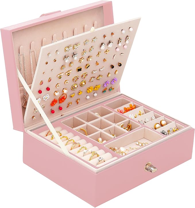 QBestry Girls Jewelry Box Earring Holder Organizer for Girls Earring Organizer Teen Jewelry Box Organizer for Girl Pink jewelry Boxes for Earrings Necklaces Rings Stud Earrings Box Organizers Teens by QBestry